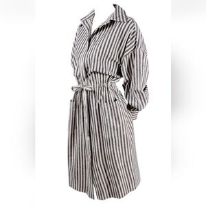 Vintage Rare Oleg Cassini Raw Silk Dress Gray & White Stripes Quiet Luxury Sz 10